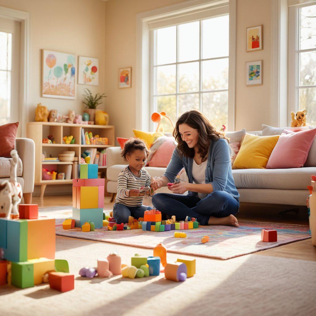 A warm and inviting scene of a parent and child playing together with colorful interactive toys in a cozy living room, with sunlight streaming through the window. The atmosphere is joyful, showcasing laughter and affection, featuring a variety of imaginative toys scattered around. Soft, pastel colors complement the warm tones of the room, creating a nurturing environment. super-realistic. vibrant colors. cozy interior.