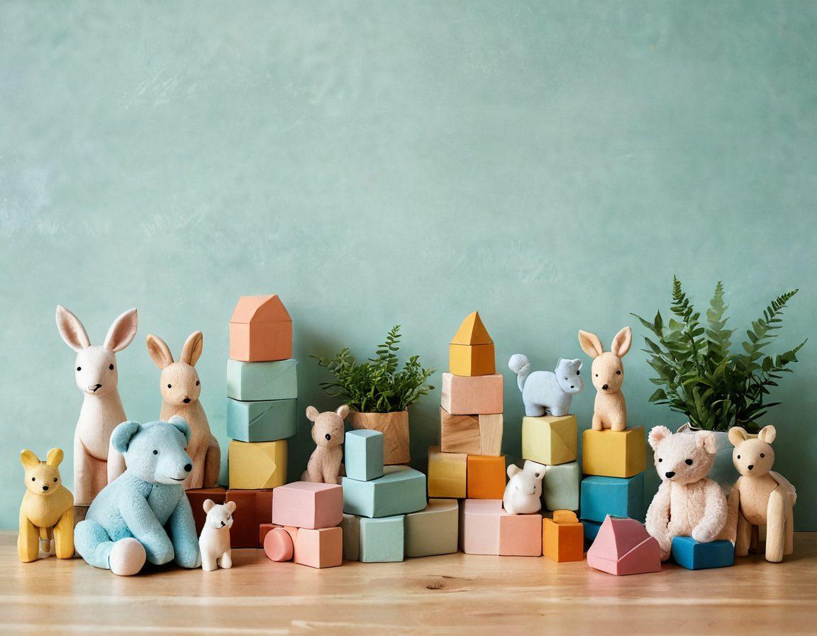 A beautifully arranged collection of eco-friendly toys, including wooden blocks, organic cotton stuffed animals, and recycled materials, set against a soft pastel backdrop. Each toy is highlighted with cheerful, vibrant colors and textures that invite warmth and happiness, representing milestones in a child's growth. The scene is enhanced by touches of greenery and natural elements, creating a serene atmosphere that embodies sustainability. super-realistic. vibrant colors. soft pastel background.